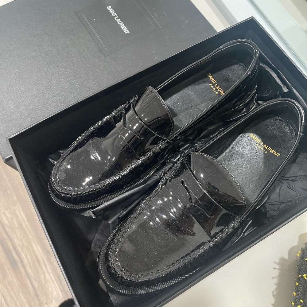 ysl black patent leather le loafer penny slippers